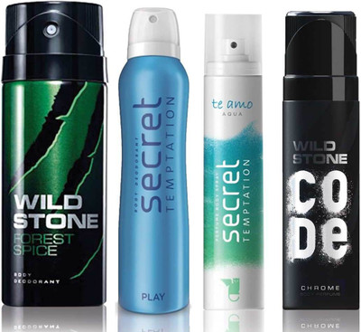 

Wild Stone Forest Spice Deodorant (150 ml), Code Chrome Body Perfume(120 ml) and ST Play Deodorant (150 ml), Te Amo Aqua Body Perfume (120 ml), Pack of 4 Perfume Body Spray - For Men & Women(540 ml, Pack of 4)