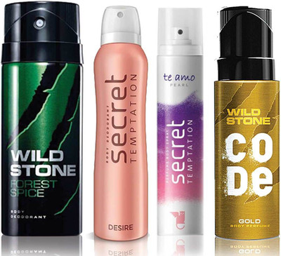 

Wild Stone Forest Spice Deodorant (150 ml), Code Gold Body Perfume(120 ml) and ST Desire Deodorant (150 ml), Te Amo Pearl Body Perfume (120 ml), Pack of 4 Perfume Body Spray - For Men & Women(540 ml, Pack of 4)