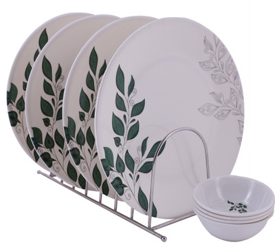 Golden Fish Pack of 8 Plastic Unbreakable Melamine Round Leaves Print Full Dinner Plates (Set of 4 Plates & 4 Bowls) Dinner Set(Microwave Safe)