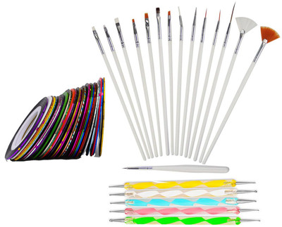 

AuraSkin 15 Nail Art Brushes, 5 Dotting Tools, 12 Striping Tape Rolls (Wood)(multi)