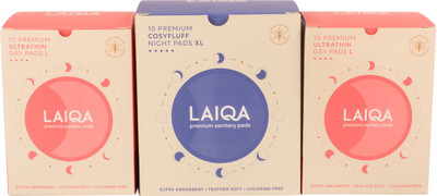 

LAIQA Premium Sanitary Napkins Ultrathin Day Pads L 10 Pads 290mm 2 Box + Premium Sanitary Napkins Cosyfluff Night Pads XL 10 Pads 315mm Sanitary Pad(Pack of 30)
