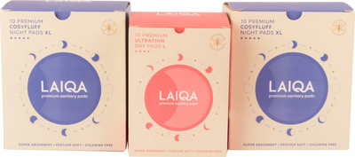 

LAIQA Premium Sanitary Napkins Cosyfluff Night Pads XL 10 Pads 315mm - 2 Box's + Premium Sanitary Napkins Ultrathin Day Pads L 10 Pads 290mm Sanitary Pad(Pack of 30)