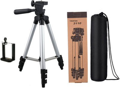 techobucks Top Selling Adjustable Portable Aluminium Lightweight Camera Stand Tripod-3110 With Three-Dimensional Head & Quick Release Plate For Video Cameras and mobile clip holder for All Mobiles & Smartphones Tripod(Silver, Black, Supports Up to 3200 g)