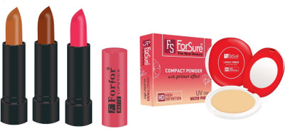 

Forsure Compact Powder with Primer Effect and pack of 3 Matte Lipstick (Colour - Light Pink, Cream Brown, Chocolate Brown)(Set of 2)