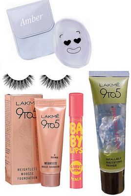 

Amber Silicon puff, new york baby lips, weightless mousse foundation, eyelashes,mattifying base primer(Set of 5)