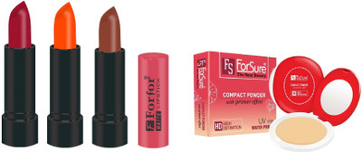 

Forsure Compact Powder with Primer Effect and pack of 3 Matte Lipstick (Colour - Orange, Copper, Pink)(Set of 2)