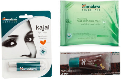 Himalaya Kajal Eye Definer, Aloe Vera Facial Wipes, Cocoa Butter Lip Balm(Set of 3)