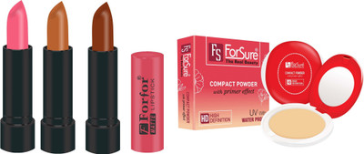 

Forsure Compact Powder with Primer Effect and pack of 3 Matte Lipstick (Colour - Baby Pink, Cream Brown, Chocolate Brown)(Set of 2)