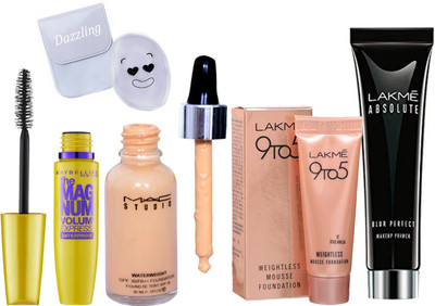 

Dazzling Silicon puff with studio water weight foundation with Mousse & Double effect mascara, Lakme Absolute Blur Perfect Primer(Set of 5)