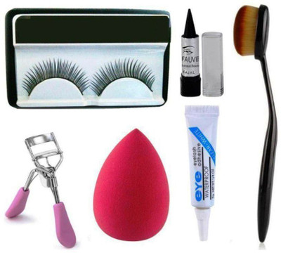 

RTB COMBO FALSE EYELASH, CURLER, GLUE, KAJAL , BEAUTY BLENDER, FOUNDATION BRUSH(Set of 7)