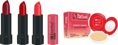 

Forsure Compact Powder with Primer Effect and pack of 3 Matte Lipstick (Colour - Beige, Mahroon, Red)(Set of 2)