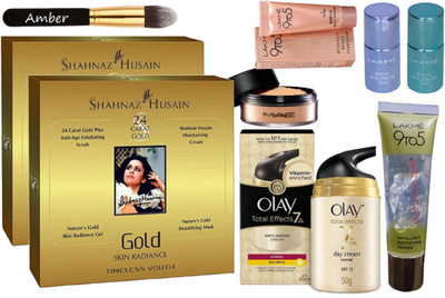 

Amber Makeup Brush, husain gold faical kit pack of 2, mirror nail paint pack of 2,weightless mousse foundation,mattifying base primer, loose powder, total effects 7 in one anti ageing cream(Set of 9)