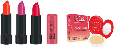 

Forsure Compact Powder with Primer Effect and pack of 3 Matte Lipstick (Colour - Dark Pink, Orange, Pink)(Set of 2)