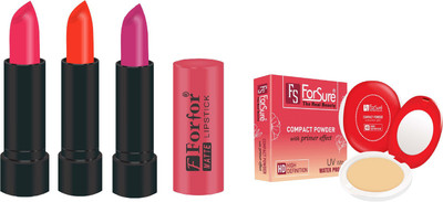 

Forsure Compact Powder with Primer Effect and pack of 3 Matte Lipstick (Colour - Light Pink, Orange, Pink)(Set of 2)