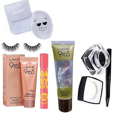 

Amber Silicon puff, new york baby lips, weightless mousse foundation, eyelashes,mattifying base primer, Fluidline gel eyeliner(Set of 6)