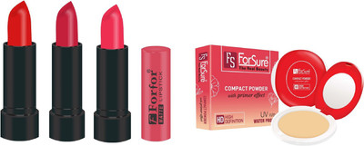 

Forsure Compact Powder with Primer Effect and pack of 3 Matte Lipstick (Colour - Beige, Red, Pink)(Set of 2)
