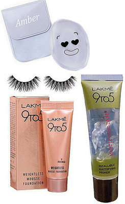 

Amber Silicon puff,lakme weightless mousse foundation, eyelashes,mattifying base primer(Set of 4)