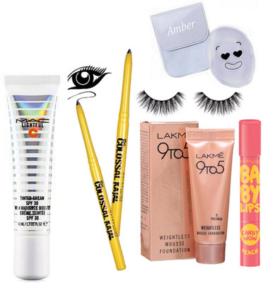 

Amber Silicon puff, new york baby lips, weightless mousse foundation, eyelashes,the colossal kajal pack of 2, lightful tinted cream(Set of 7)