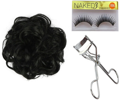 

NAKED3 Advanced Professional Bridal Eye Lashes With Eyelash Curler and Hair Extensions Juda Bun For Women Curly Hair Bride Bun Maker, Black, Free Size(Set of 3)