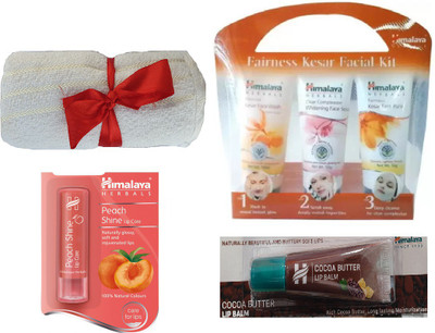 

Himalaya Fairness Kesar Facial Kit, Peach Shine Lip Care, Cocoa Butter Lip Balm, Face Towel(Set of 4)