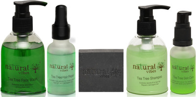 

Natural Vibes ~ Ayurvedic Wellness Gift Hamper with ~ with Tea Tree and Activated Charcoal ~ includes 1 face serum, 1 face wash, 1 hair serum, 1 shampoo and 1 scrub soap ~ 360 ml + 150 g(Set of 5)