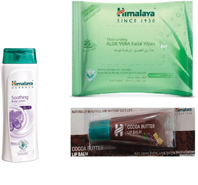 

Himalaya Soothing Body Lotion, Aloe Vera Facial Wipes, Cocoa Butter Lip Balm(Set of 3)