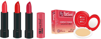 

Forsure Compact Powder with Primer Effect and pack of 3 Matte Lipstick (Colour - Beige, Red, Red)(Set of 2)