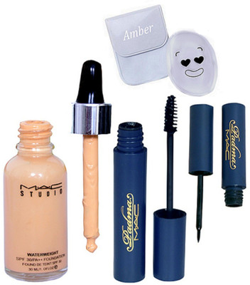 

Amber Silicon puff, studio water weight foundation,padma eyeliner & mascara(Set of 4)