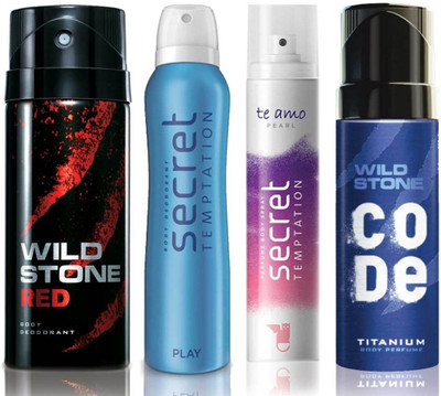 

Wild Stone Red Deodorant (150 ml), Code Titanium Body Perfume(120 ml) and ST Play Deodorant (150 ml), Te Amo Pearl Body Perfume (120 ml), Pack of 4 Perfume Body Spray - For Men & Women(540 ml, Pack of 4)