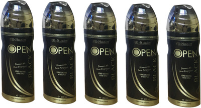 

Al Nuaim OPEN BLACK (PACK OF 5) Body Spray - For Men & Women(200 ml, Pack of 5)