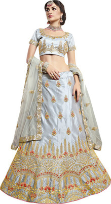 manvaa Embroidered Semi Stitched Lehenga Choli(Grey)