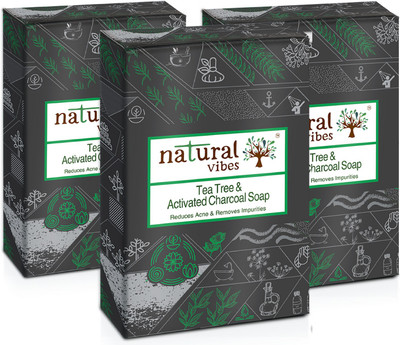 

Natural Vibes ~ Tea Tree and Activated charcoal soap pack of 3 ~ reduces acne and purifies skin ~ 150 g x 3 soaps = 450 g(150 g, Pack of 3)