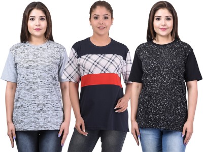 69GAL Printed, Checkered Women Round Neck Multicolor T-Shirt