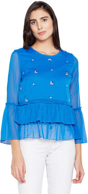 OXOLLOXO Casual Bell Sleeve Embroidered Women Blue Top