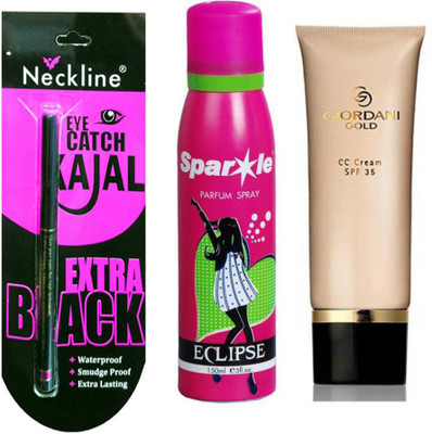 

Neckline water proff kajal with Giordani Gold CC Cream SPF 35 40ml (Light - 30988), one sparkle perfume spray 150 ml (Set of 3}(Set of 3)