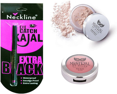 

mistral of milan loose powder and in love blush with nackline kajal pack of 3(Set of 3)