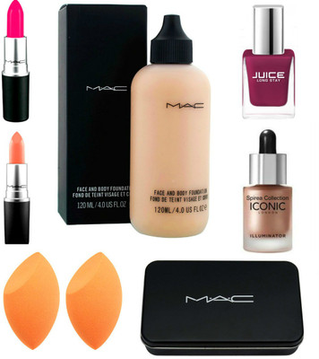 

JUICE professional makeup combo kit (nail paints, makeup brush, sponge puffs, foundation, matte lipstick and illuminator highlighter)(Set of 8)