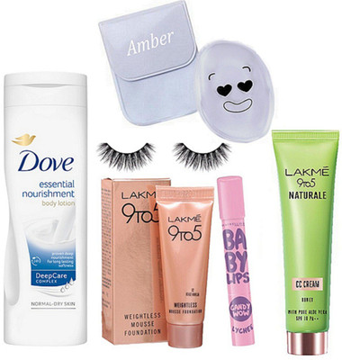 

Amber Silicon puff, 9to5 naturale CC cream ,weightless mousse foundation, essential nourishment body lotion, new york baby lips,eyelashes(Set of 6)