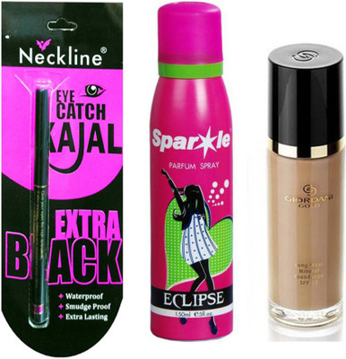 

Neckline kajal withGiordani Gold Long Wear Mineral Foundation SPF 15 30ml (Natural Beige - 31806) Wth one sparkle perfume spray 150 ml (Set of 3 }(Set of 3)