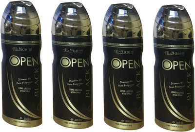 

Al Nuaim OPEN BLACK (PACK OF 4) Body Spray - For Men & Women(200 ml, Pack of 4)