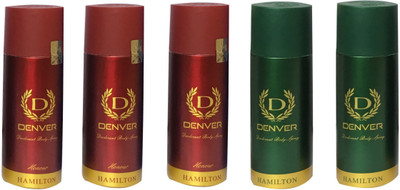 

Denver 3 HONOUR & 2 HAMILTON (PACK OF 5) Deodorant Spray - For Men & Women(165 ml, Pack of 5)