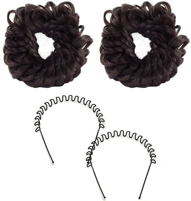 

GadinFashion Pack of 02 Fancy Rubber Juda Set (Brown) with 2 Metal Zig Zag Hair Band for Women and Girls Hair Accessory Set(Black)