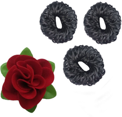 

GadinFashion Set of 03 Fancy Rubber Juda (Brown) with Fabric Red Rose Flower Hair Clip for Women and Girls Hair Accessory Set(Multicolor)