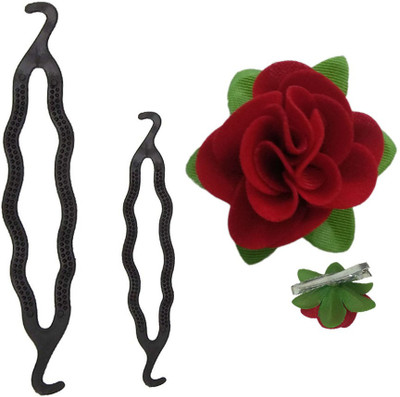 

GadinFashion Pack of 2 Medium or small Size Styling Clip Bun Maker (Black) with Fabric Red Rose Flower Hair Clip Hair Accessories For Girls/ Women Hair Accessory Set(Multicolor)