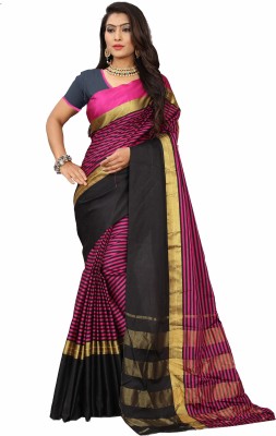 prabhas Striped Daily Wear Cotton Silk Saree(Pink)