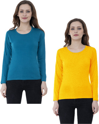 IndiWeaves Solid Women Round Neck Blue, Yellow T-Shirt