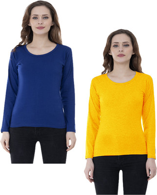 IndiWeaves Solid Women Round Neck Blue, Yellow T-Shirt