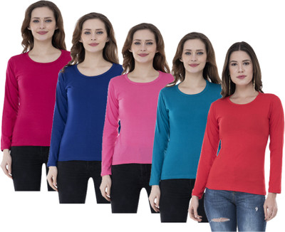 IndiWeaves Solid Women Round Neck Multicolor T-Shirt