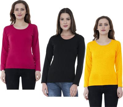 IndiWeaves Solid Women Round Neck Pink, Black, Yellow T-Shirt