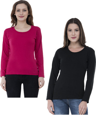IndiWeaves Solid Women Round Neck Pink, Black T-Shirt